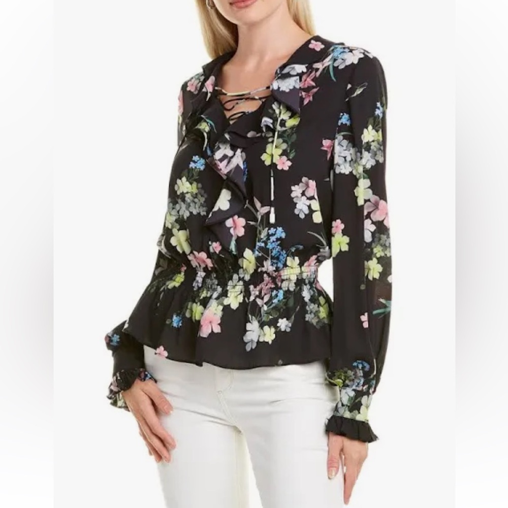 Ted Baker London Axelle pergola Frilled Lace-Up Floral Blouse Size 2=US 6